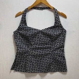 Ann Taylor Loft Halter Top Women 10 Black White Floral Rose Print Retro Summer
